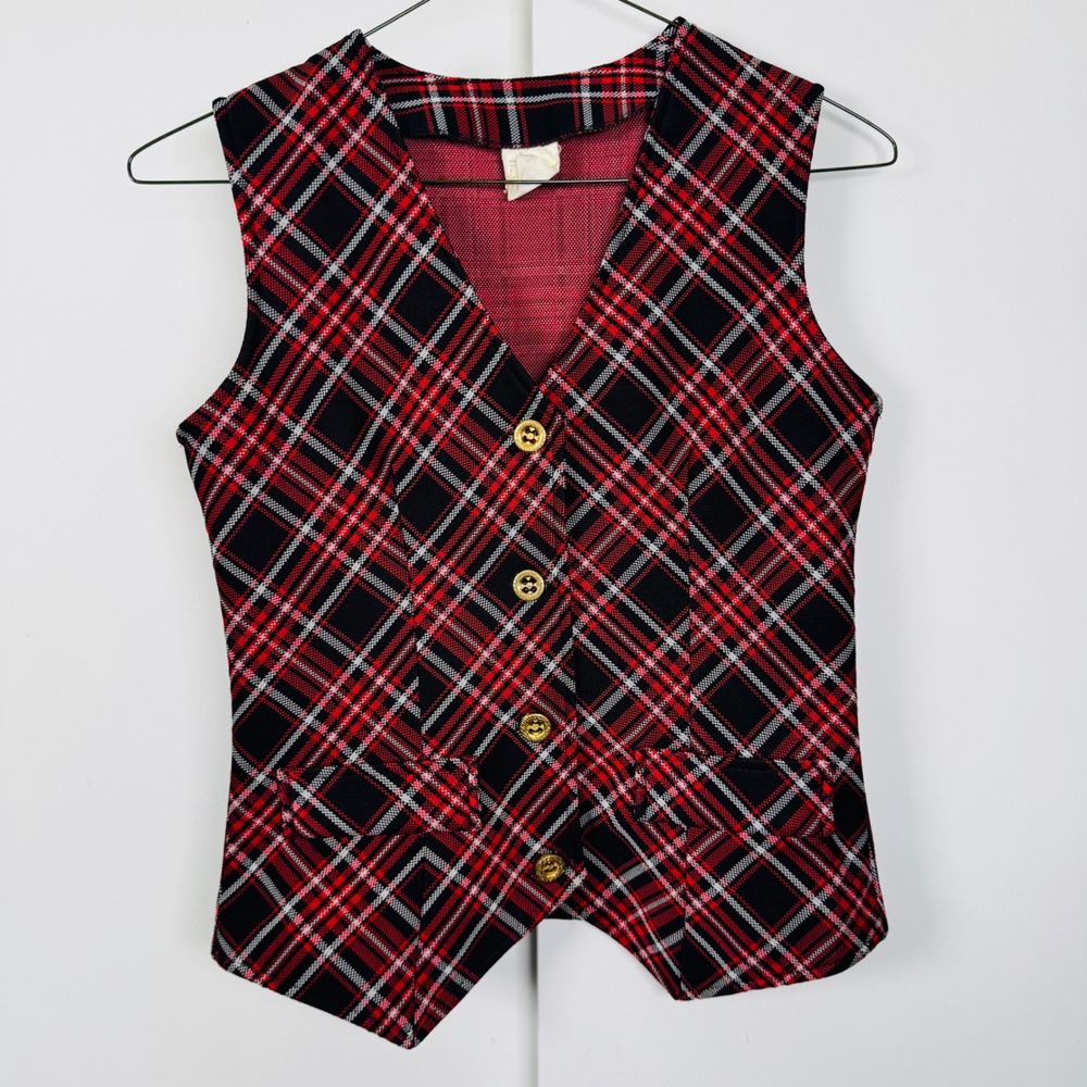 Vintage Montgomery Ward Red Plaid Vest Gold Buttons Size 10 Preppy Academic